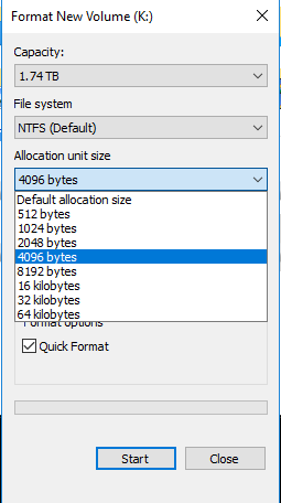 format allocation unit size choose